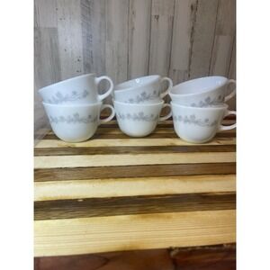 Vintage Corning Ribbon Bouquet Coffee Cup  Milk Glass Gray Floral Set Of 6